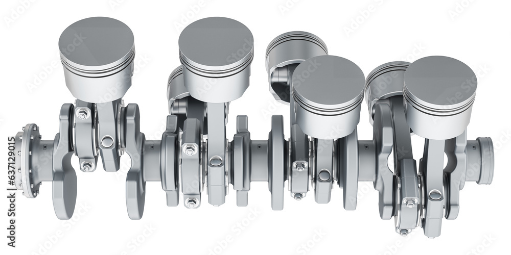 Poster v8 engine pistons and cog, side view. 3d rendering isolated on transparent background