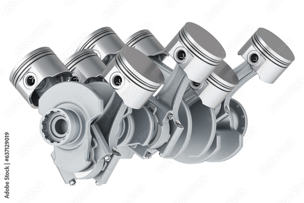 Poster v8 engine pistons on crankshaft, 3d rendering isolated on transparent background