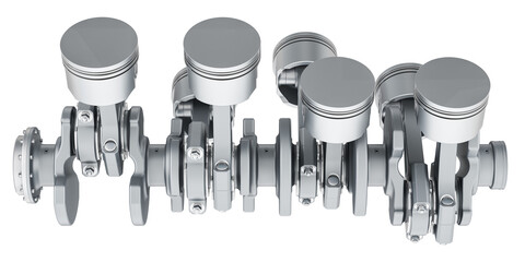 V8 engine pistons and cog, side view. 3D rendering isolated on transparent background