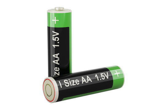 Two Batteries size AA, 3D rendering isolated on transparent background