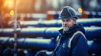 Male worker in dark blue builders jacket and hard hat helmet, blurred pipes background, cold winter atmosphere. Natural gas pipeline engineer. Digital illustration generative AI.