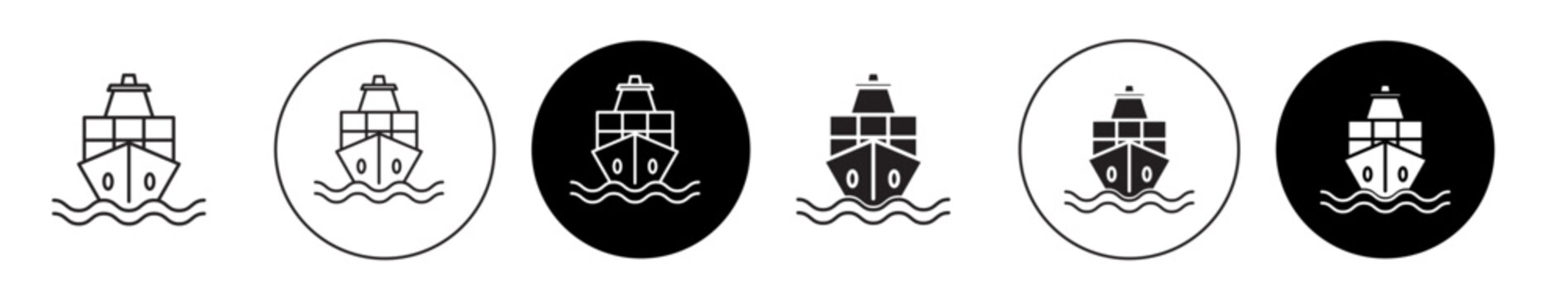 cargo ship icon set. marine container cargo vessel vector symbol in black filled and outlined style.