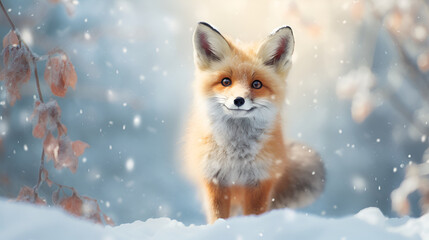 Obraz premium Red fox on a background of a snowy, winter forest and copy space. Christmas greeting card.