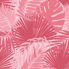 Pink palm leaves pattern. Jungl background with monstera, palm,  leaves in pink colors. Tropical pastel seamles pattern. - 637130638