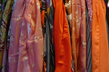 Brightly colored scarfs and veils  in the  Silk bazaar