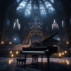 grand piano in a gothic church with warm and cold lights