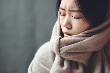 Sick day at home. woman has runny and common cold. Cough. Closeup Of Beautiful Asian Woman Caught Cold , feeling unwell, having Scarf Feeling Pain In Throat.