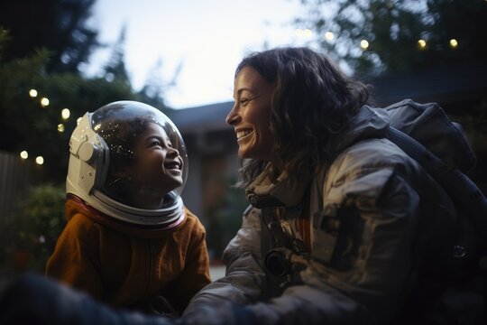 Shared Space Adventures: Parent and Child Play in Matching Backyard Astronaut Costumes