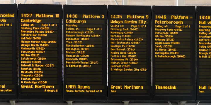 London, UK - July 29, 2023; London Kings Cross railway terminus electronic departure board