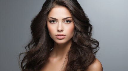 Naklejka premium Stunning brunette woman with captivating eyes and radiant smile in a close-up portrait