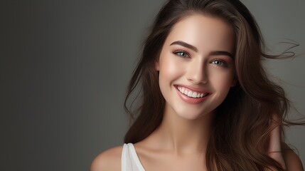 Close-up beautiful woman with glowing face skin on light grey background and smiles. Skincare concept