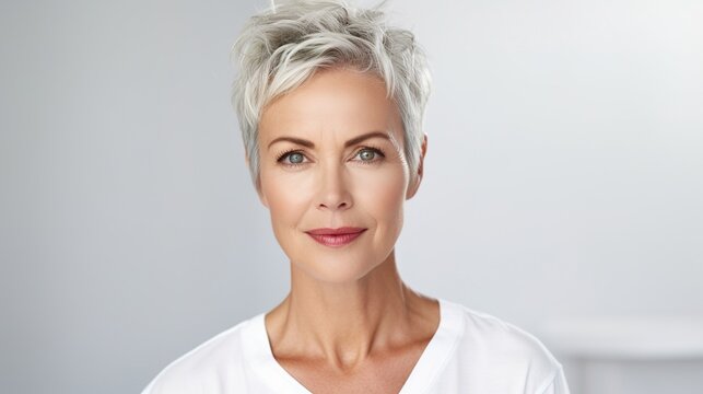 Close-up beautiful senior woman with glowing face on white background and smiles. Skincare concep