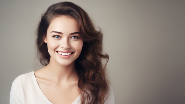 Close-up of a woman with smooth, healthy skin and a smile on a light grey background. Skincare concept