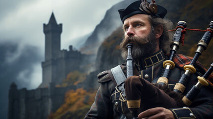 Scottish bagpiper in full Highland dress, playing the bagpipes under a cloudy sky, with a castle in the backdrop. - obrazy, fototapety, plakaty