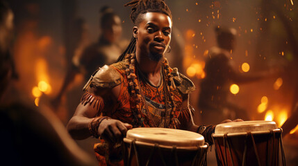 A man dressed in African tribal attire, playing traditional drums with intense focus and energy.