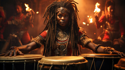 Woman dressed in African tribal attire, playing traditional drums with intense focus and energy.