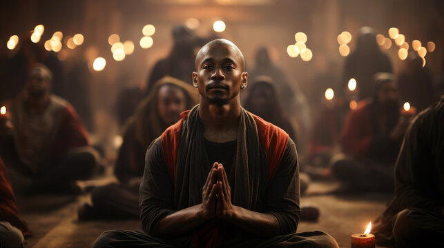A picture of a black individual participating in a religious ceremony or meditation.