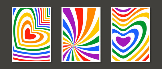 Rainbow heart and sunburst prints design set. Abstract colorful poster collection. Geometric psychedelic wallpapers pack. Pride month and lgbt rights concept templates bundle. Vector illustration