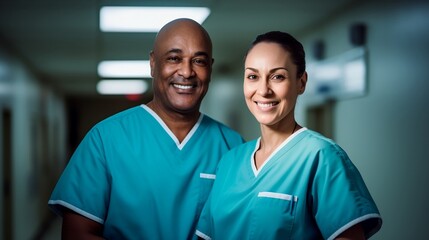 Two diverse nurse smiling . Afro american male and Caucasian female.