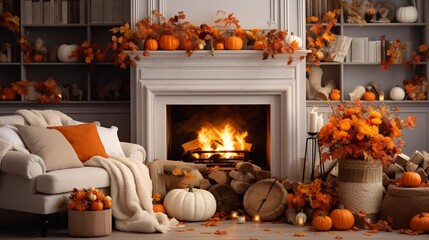 cozy Fireplace with fall decoration. - obrazy, fototapety, plakaty