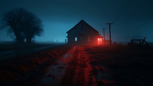 Rural area scene in night. Mysterious Barn in foggy night.