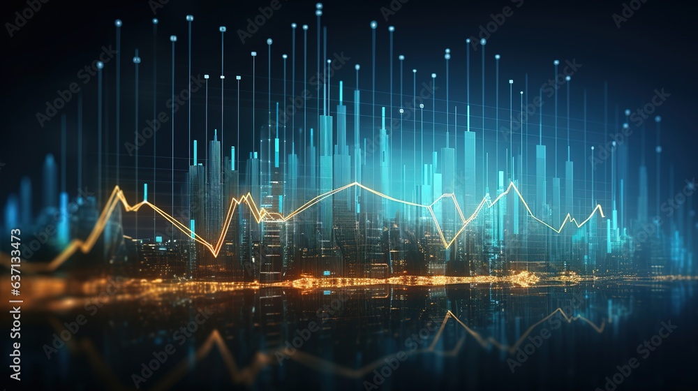Poster financial data visualization: an abstract representation of financial data, with glowing lines and b
