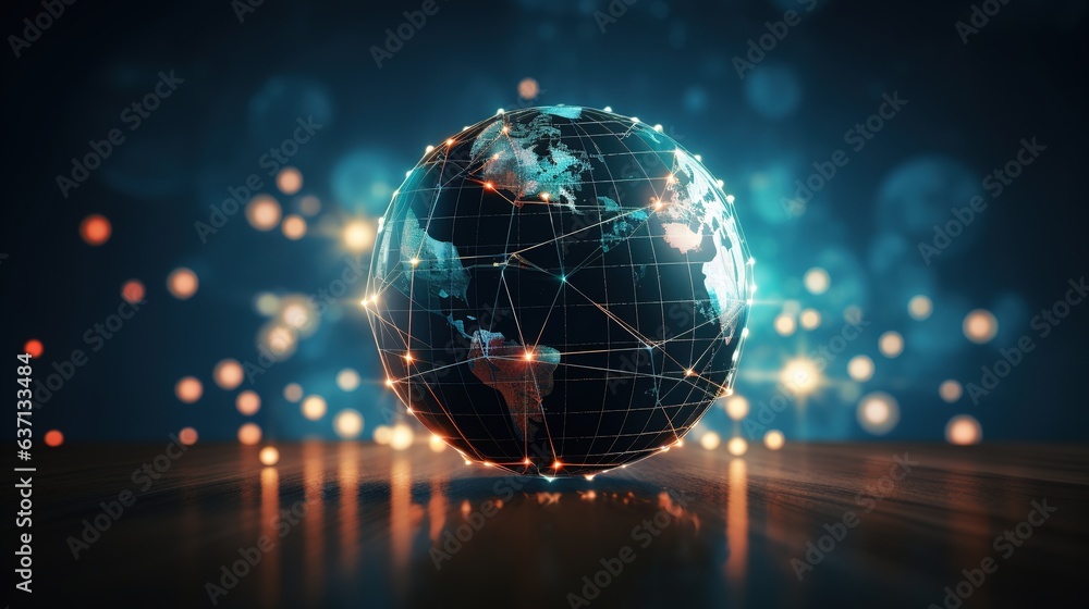 Poster global network: an illuminated globe, interlaced with connecting lines and particles, set against a 