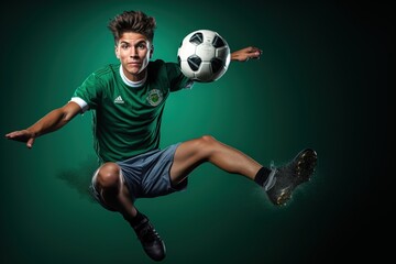 Male football player in jumping with ball on green background