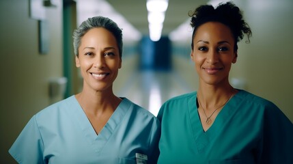 Two diverse woman nurse smiling . Afro american and Caucasian female.