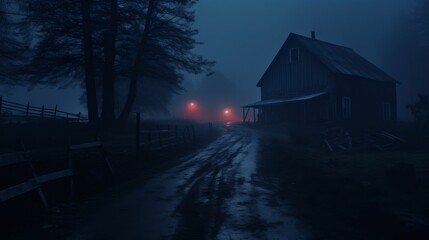 Rural area scene in night. Mysterious Barn in foggy night.
