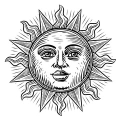 Glowing sun with a face. Hand drawn illustration in boho style for mystical design, tarot cards, tattoo and sticker