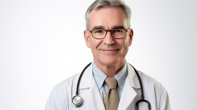 portrait of a smiling male doctor isolated on white background