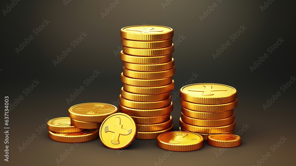 Poster stack of coins on black background representing wealth and finance