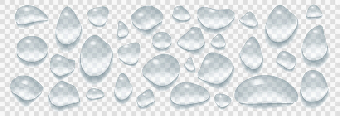 Set water drops of different shapes. Realistic transparent raindrops, condensation on glass, dew and tears. Vector illustration isolated on transparent background. 