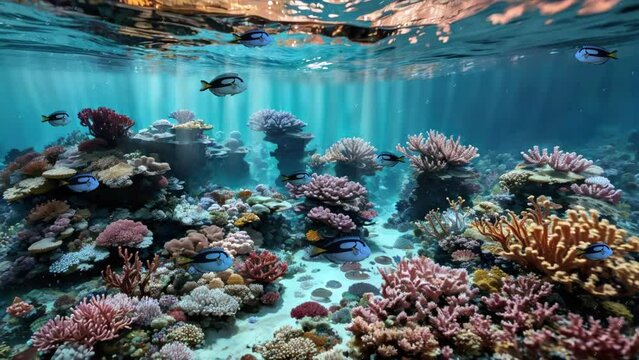 Beautiful underwater scene with school of Blue Tang fish and marine plants on tropical coral reef in pure turquoise water on sea bottom. Vibrant undersea background 3D animation rendered in 4K