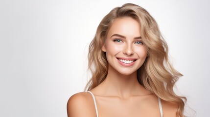 Smiling blonde woman portrait with fresh makeup and long hair in studio - obrazy, fototapety, plakaty