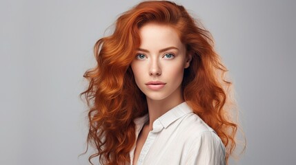 Portrait of a woman with long red hair, smiling naturally in a studio setting, exuding beauty and glamour - obrazy, fototapety, plakaty