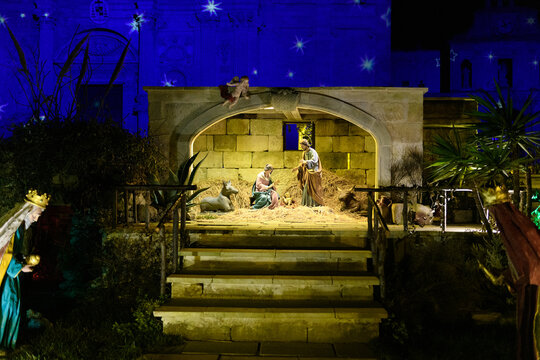 Christmas Nativity scene in the square in Lecce, Apulia, Italy. Italian crib called presepe napoletano