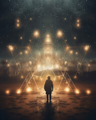 Silhouette of person at night in front of triangular light sculpture