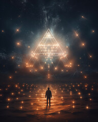 Silhouette of person at night in front of triangular light sculpture