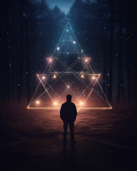 Silhouette of person at night in front of triangular light sculpture