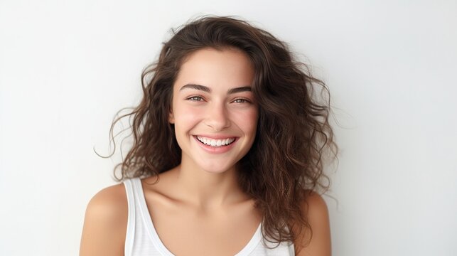 Close-up portrait of a smiling brunette model with beautiful eyes