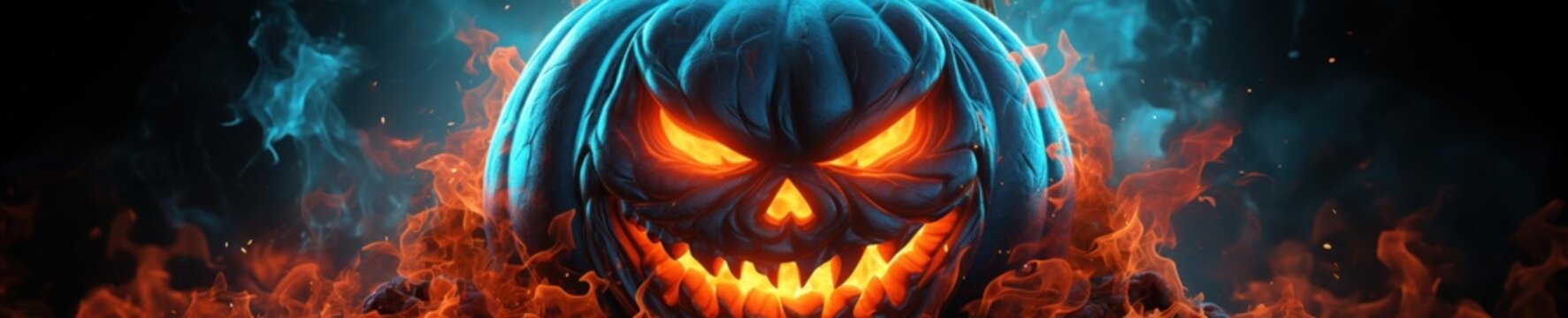 A halloween pumpkin with glowing eyes in flames. Generative AI image.