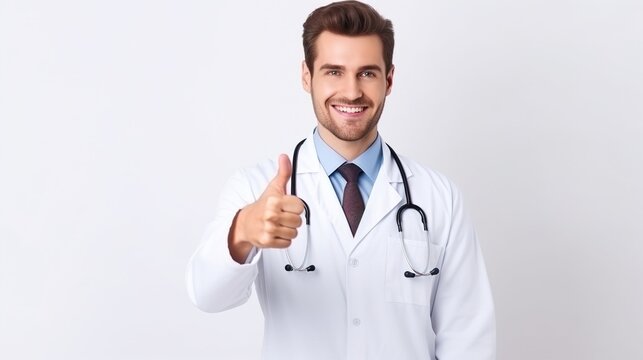 Doctor showing thumbs up sign isolated on white background