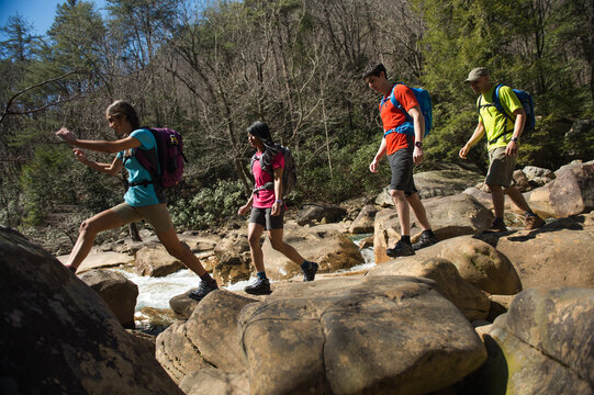 A group of four male and female hikers wearing backpacks crosses a stream in the woods