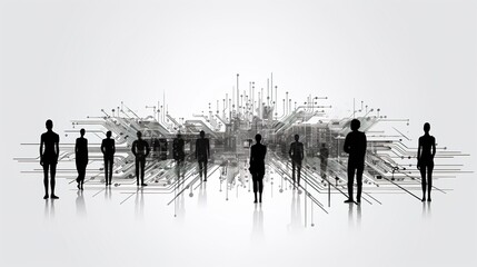 Connected Silhouettes: A group of human silhouettes stand before a complex network of abstract lines, representing the interconnectedness of technology and human collaboration.
