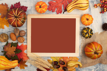 thanksgiving composition with letter board Happy Thanksgiving. Autumn pumpkins, acorns, and leaves. Flat lay. view from top