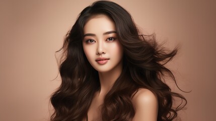 Naklejka premium Close-up studio portrait of a beautiful brunette model with long hair and a glamorous smile