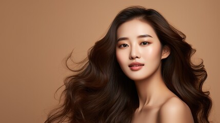 Fototapeta premium Effortless Beauty: A stunning Asian woman with long, flowing dark hair and flawless skin gazes directly at the camera with a confident and alluring expression. Her natural beauty is enhanced by soft.