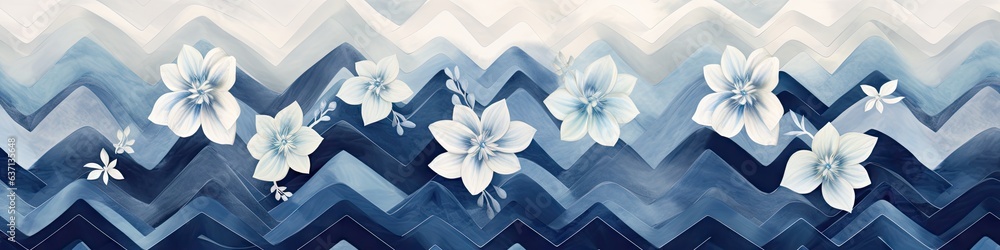 Wall mural blue chevron pattern with flowers generative ai